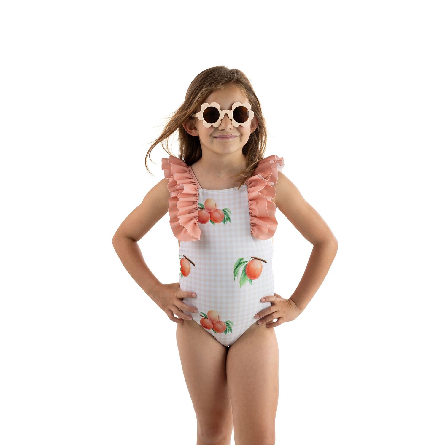 Girls Coral & White Peaches Swimsuit, 2, hi-res image number null