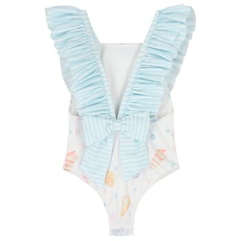 Girls White & Blue Seashells Swimsuit