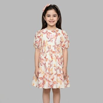 Girls Ivory & Pink Butterflies Logo Dress 