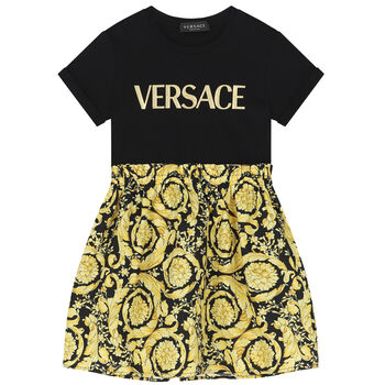 Girls Black & Gold Barocco Logo Dress