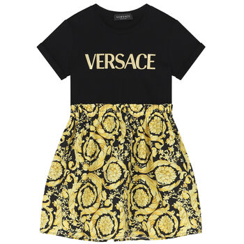 Girls Black & Gold Barocco Logo Dress