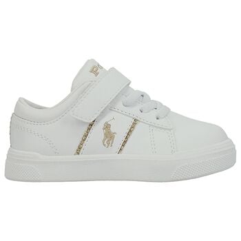 Younger Girls White & Gold Logo Trainers