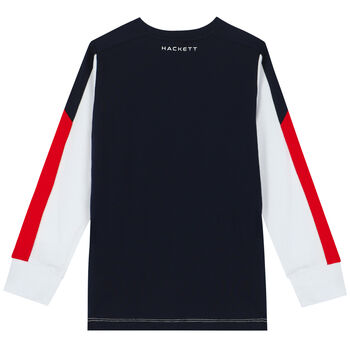 Boys White & Navy Logo Long Sleeve Top