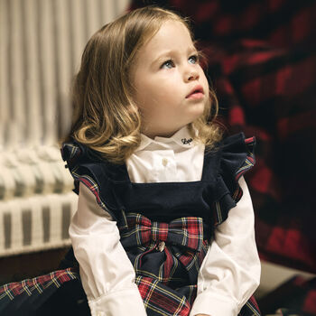 Girls Navy Blue & Red Tartan Dress