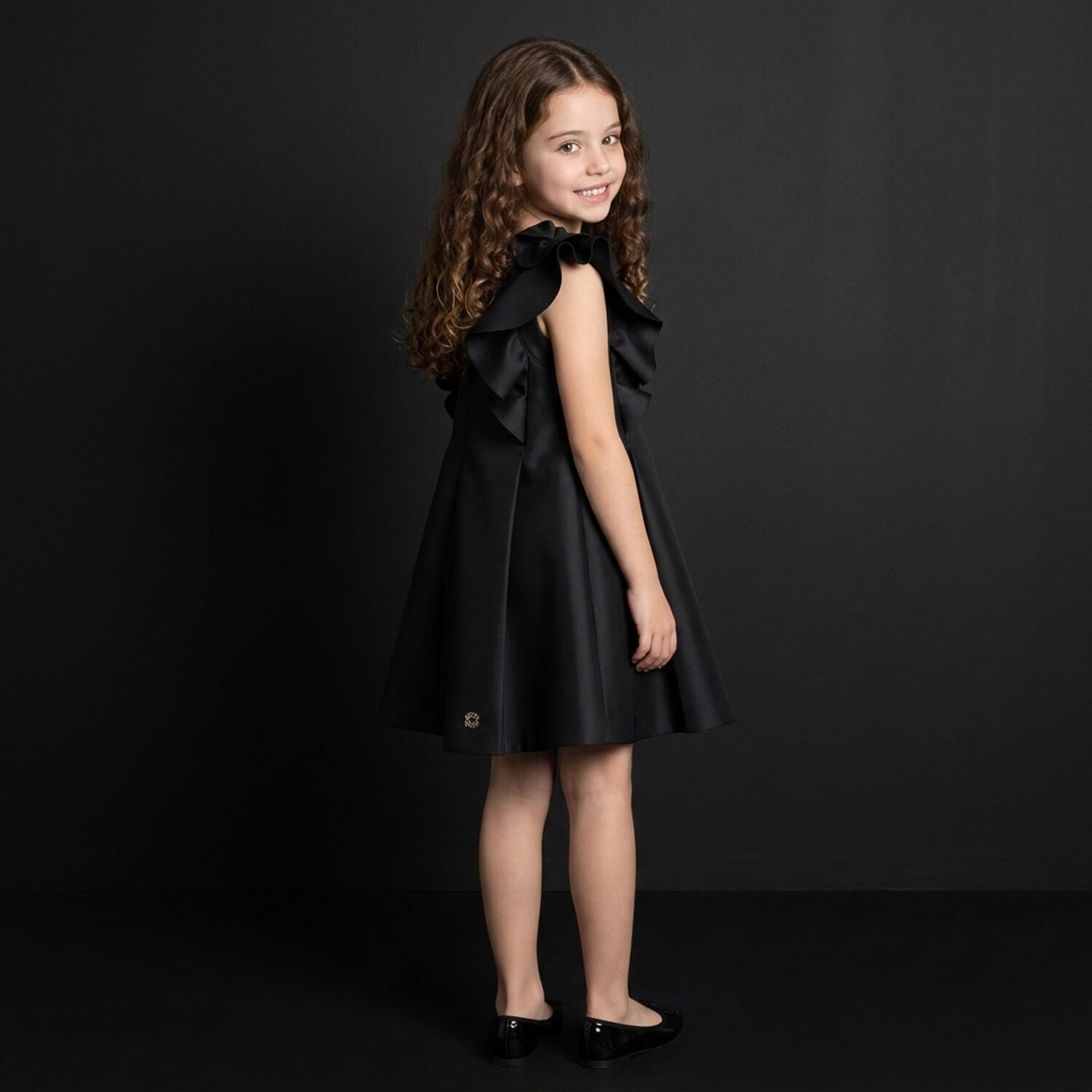 Girls Black Satin Ruffle Dress, 2, hi-res