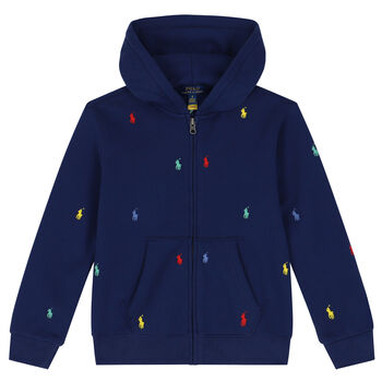 Boys Navy Blue Logo Hooded Zip Up Top