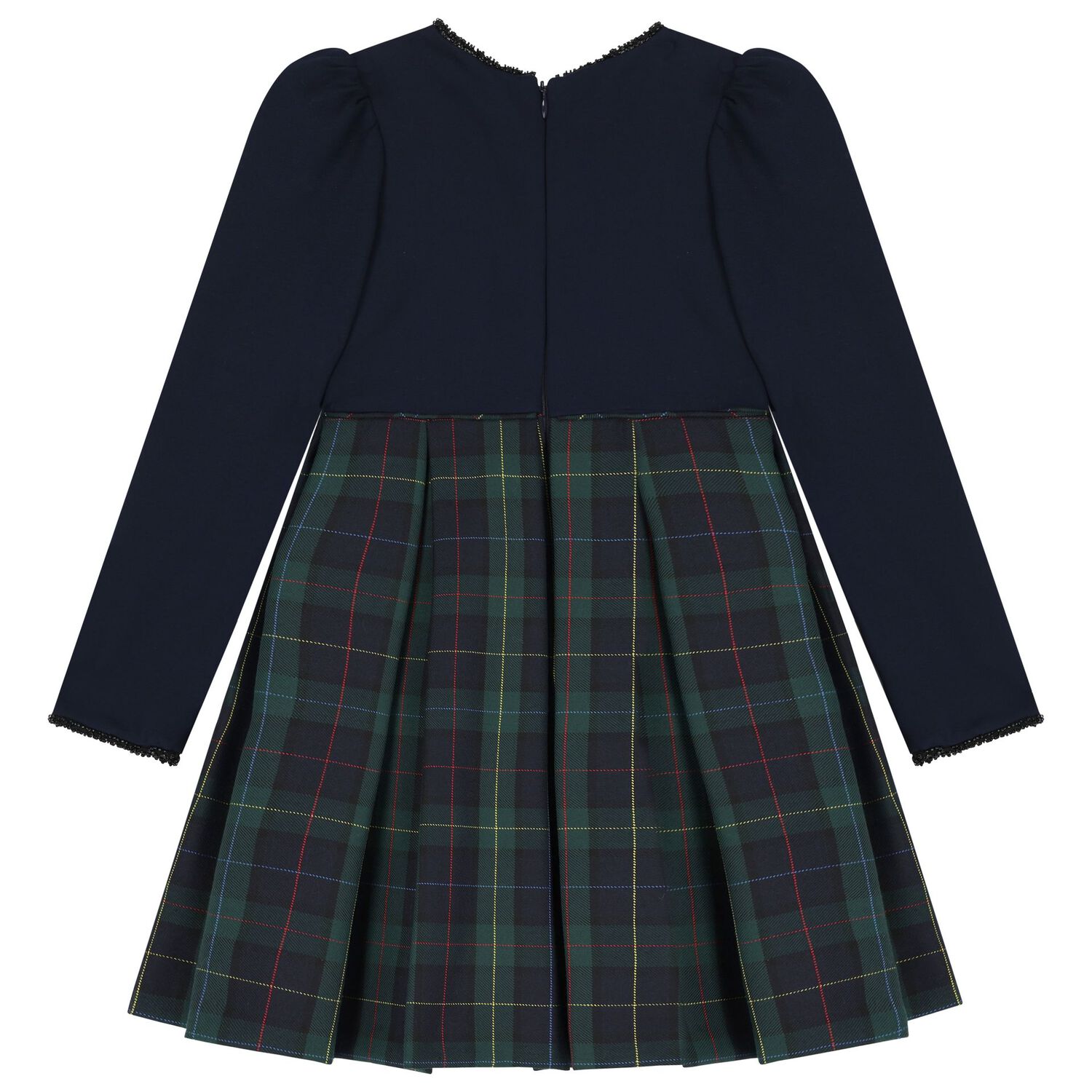 Girls Navy Blue & Green Tartan Bow Dress, 2, hi-res image number null