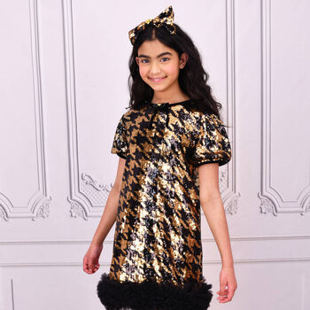 Girls Black & Gold Embellished Houndstooth Tulle Dress