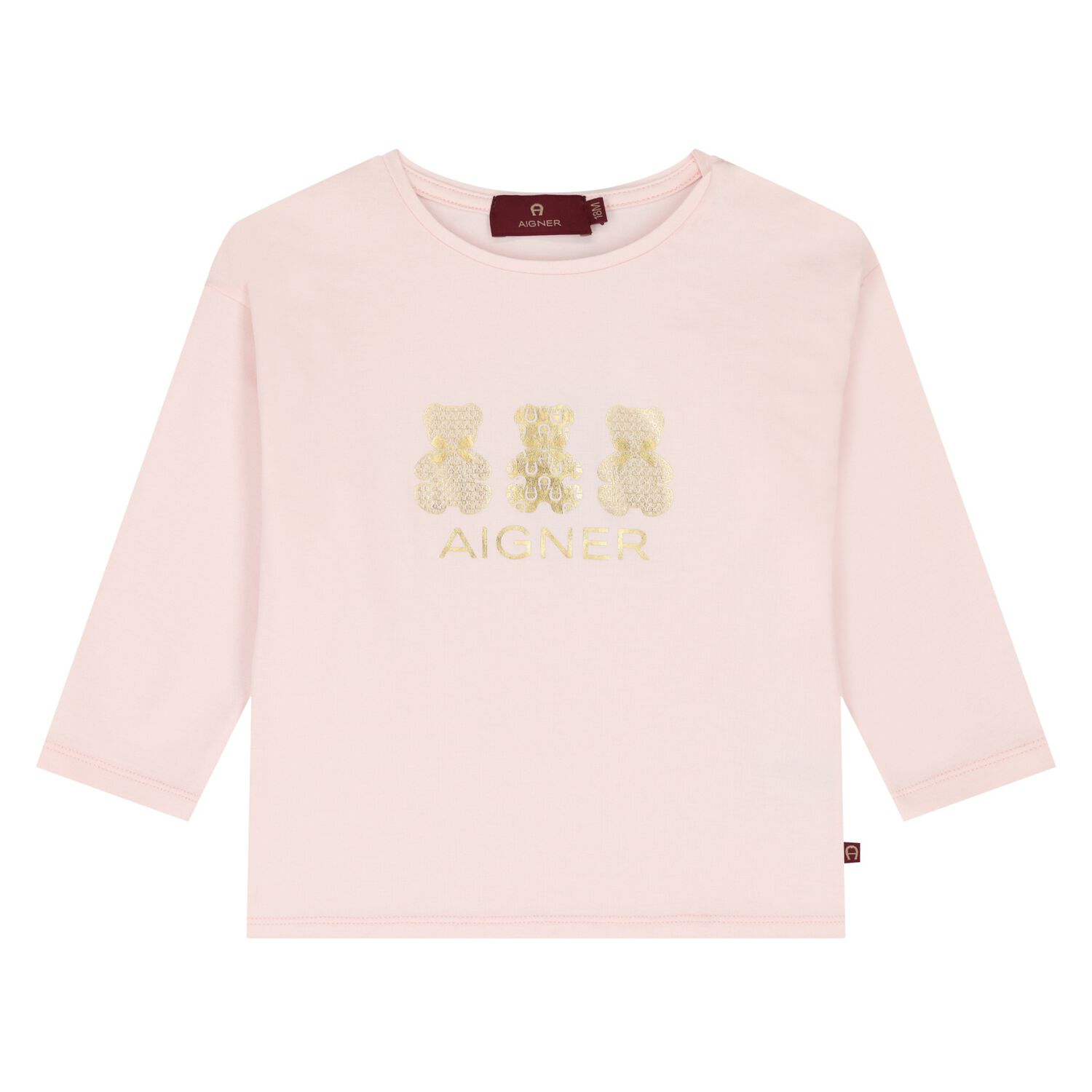 Younger Girls Pink & Gold Teddy Bear Logo Long Sleeve Top , 2, hi-res