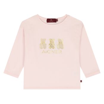 Younger Girls Pink & Gold Teddy Bear Logo Long Sleeve Top 