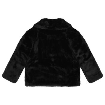 Girls Black Bow Faux Fur Jacket