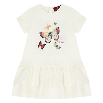 Younger Girls Ivory Butterflies Logo Dress