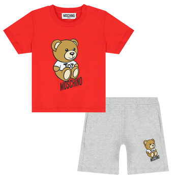 Red & Grey Teddy Bear Logo Shorts Set
