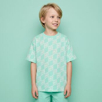 Boys Aqua & White Check Logo T-Shirt