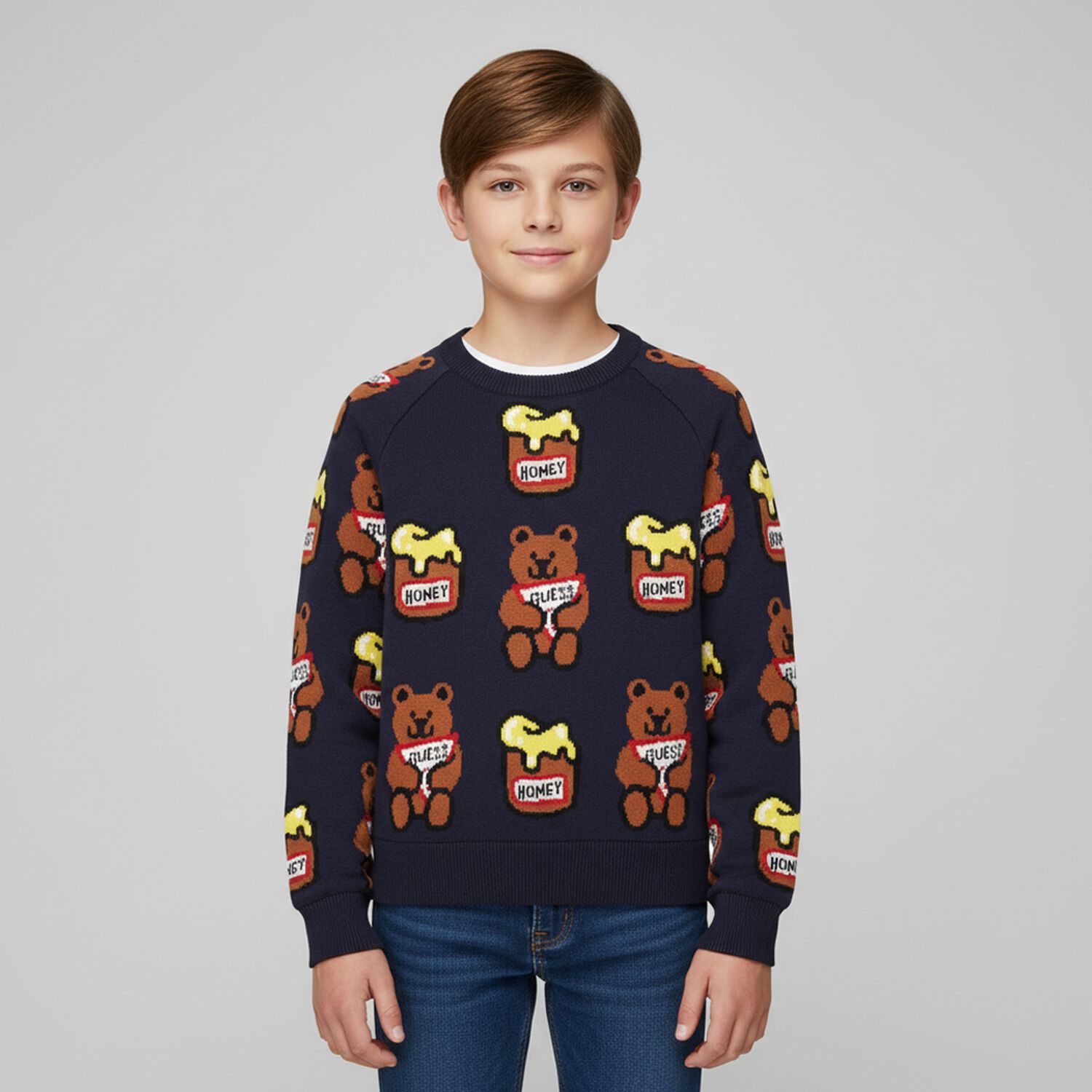 Boys Navy Blue Teddy Bear Sweatshirt, 1, hi-res image number null