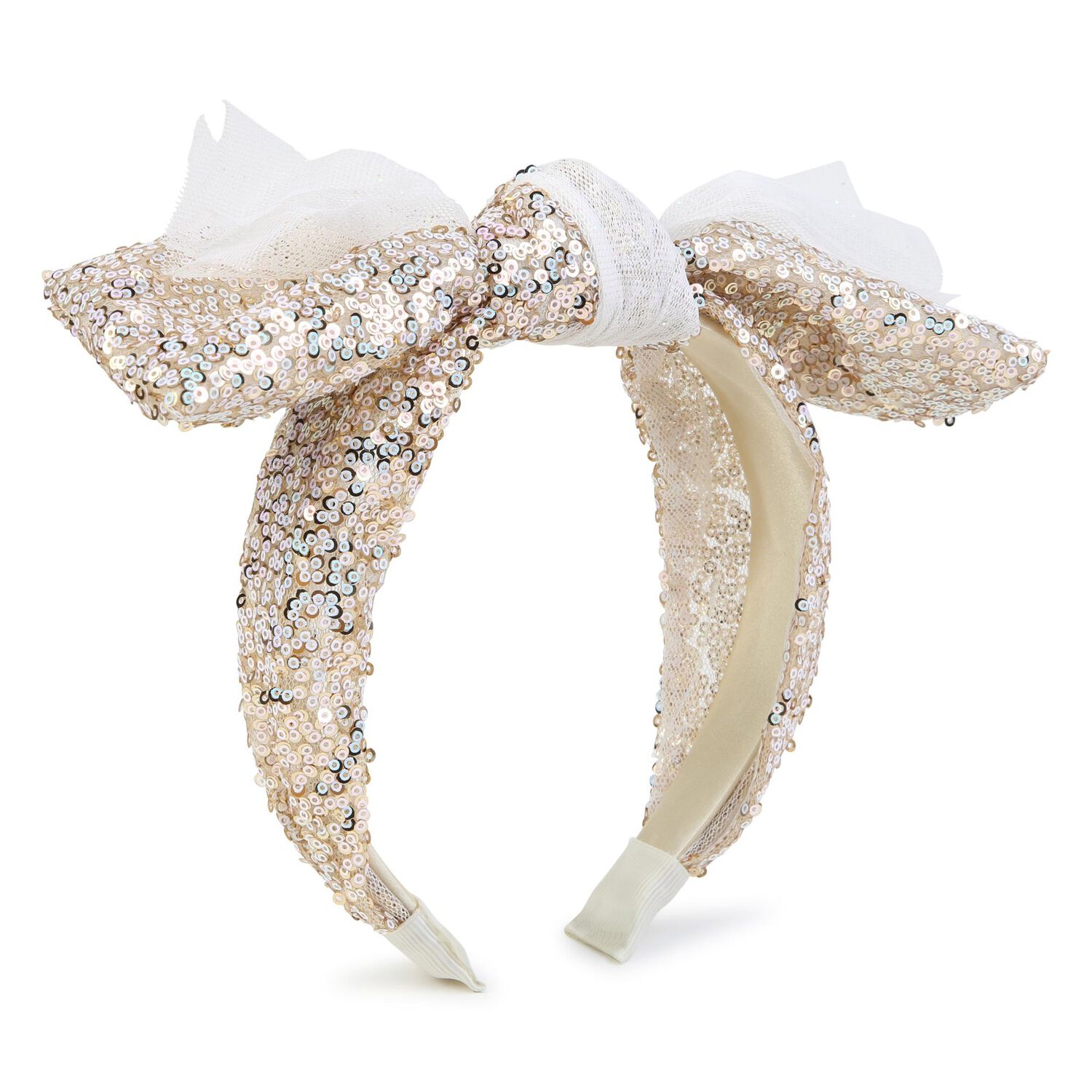 Gold Sequin Bow Kids Headband Gold Sequin Bow on Lace Headband - Gold Sequin Headband  main image 2
