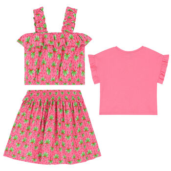 Girls Pink Palm Tree Skirt Set (3 Piece)