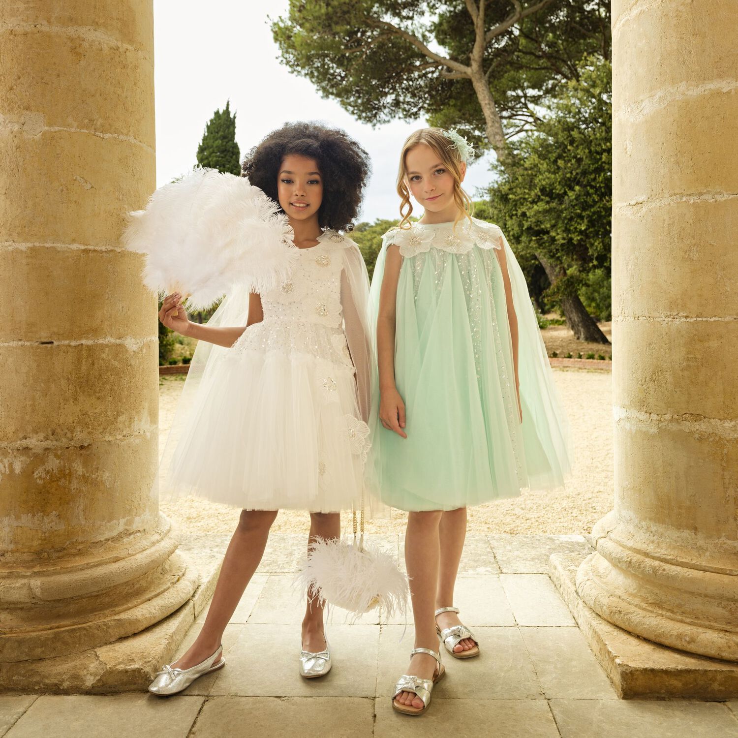 Girls White Sequin Tulle Flower Dress, 1, hi-res image number null