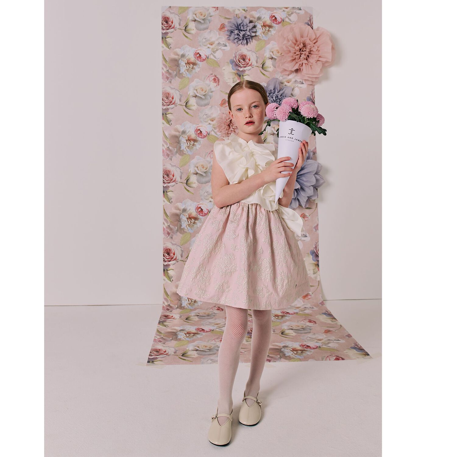 Girls Ivory & Pink Ruffled Dress, 1, hi-res
