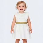 Younger Girls Ivory & Gold Ruffled Logo Dress, 1, hi-res