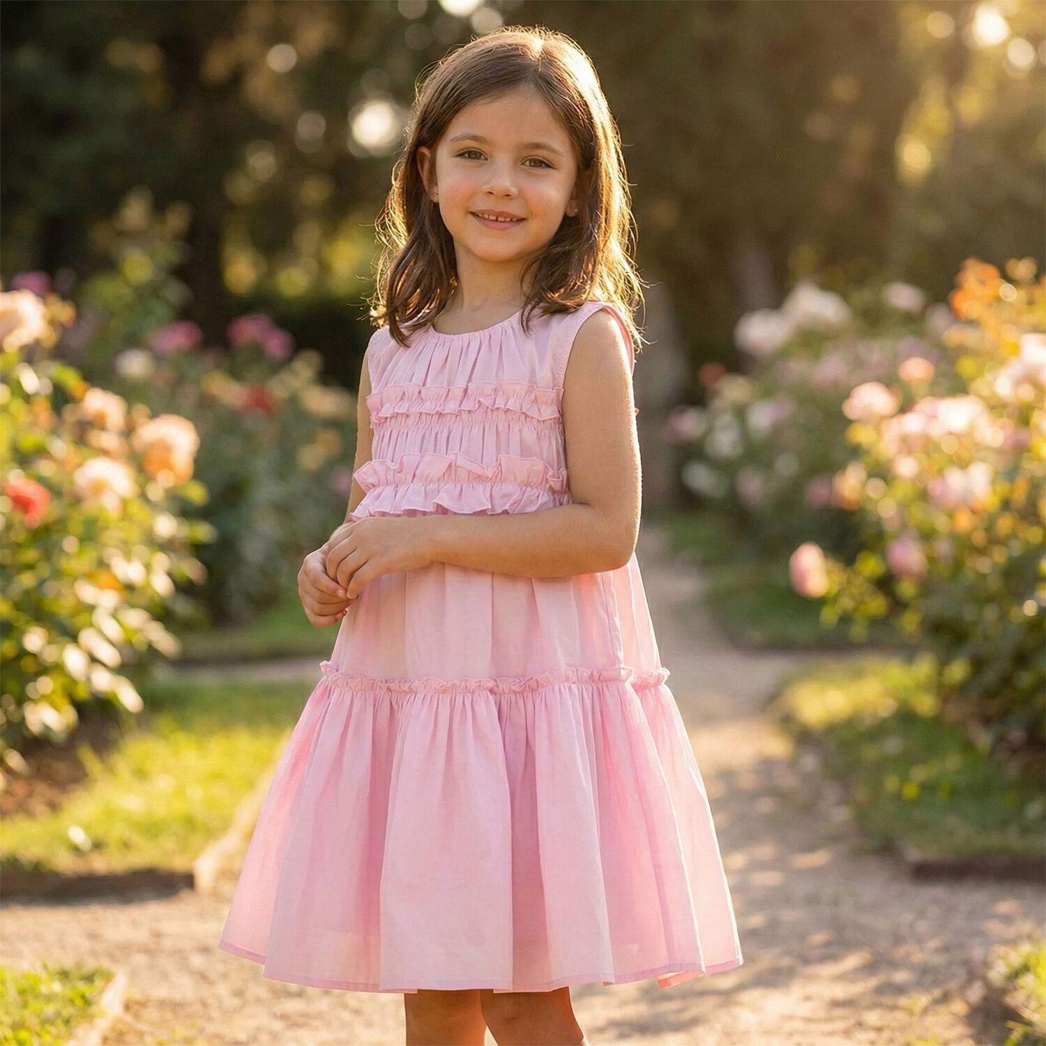 Girls Pink Poplin Ruffle Dress, 4, hi-res