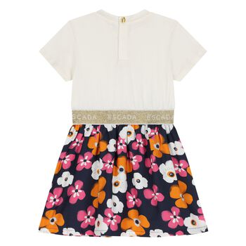 Younger Girls Ivory & Navy Blue Logo Floral Dress