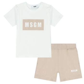 White & Beige Logo Shorts Set