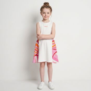 Girls White & Pink Logo Flared Dress 