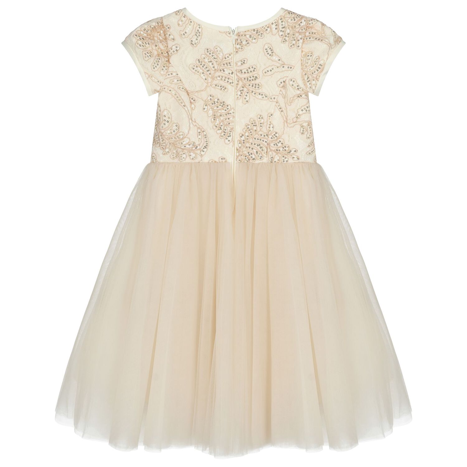 Girls Beige & Gold Tulle Dress, 1, hi-res
