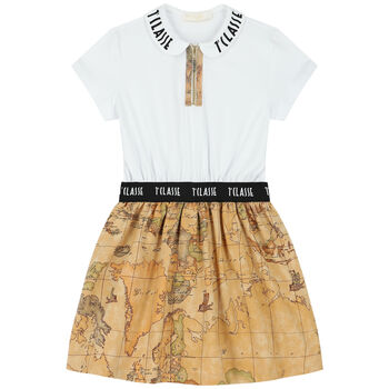 Girls White & Beige Geo Map Polo Dress