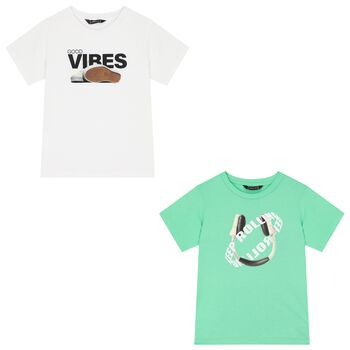 Boys Green & White Printed T-Shirts
