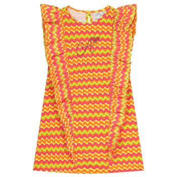 Girls Pink & Orange Wavy Stripe Ruffle Dress