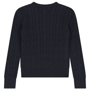 Girls Navy Blue Logo Cable Knit Jumper