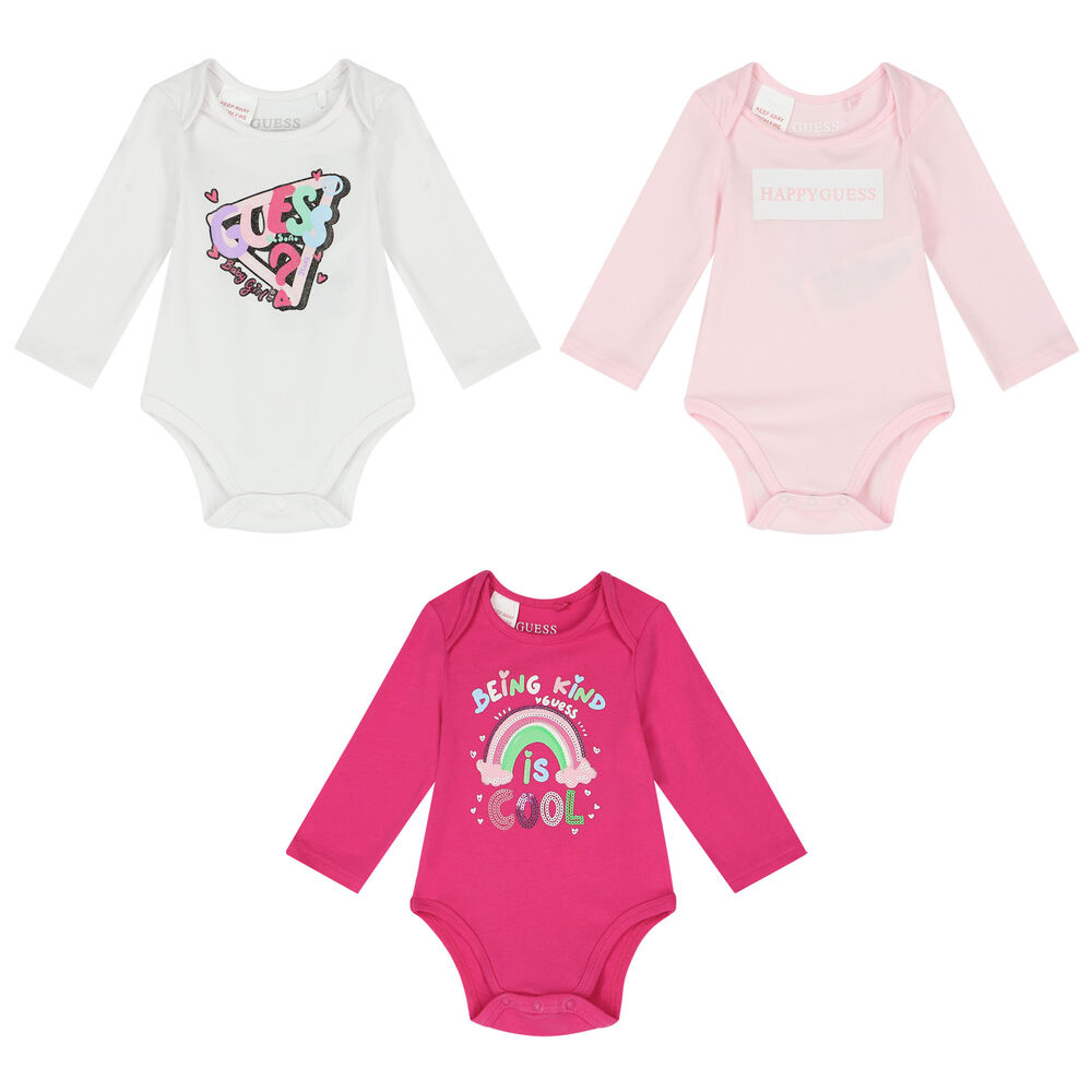 Guess Baby Girls White & Pink Logo Bodysuits ( 3-Pack )