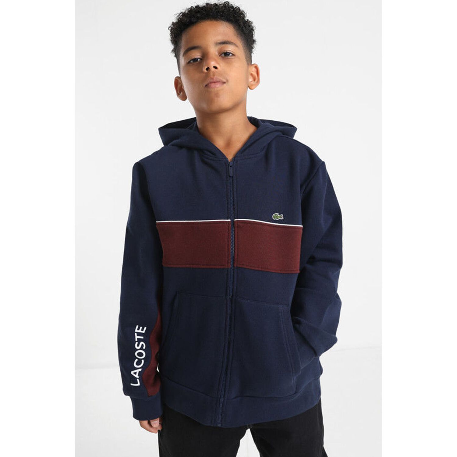 Boys Navy Blue Logo Hooded Zip Up Top, 1, hi-res image number null