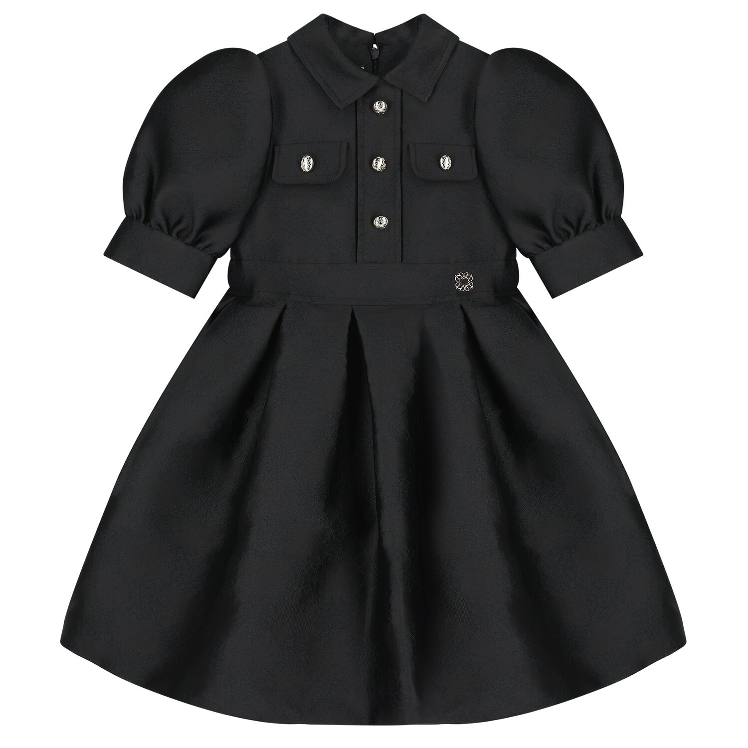 Girls Black Satin Jacquard Logo Dress, 1, hi-res