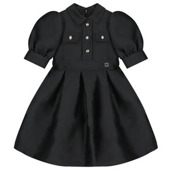 Girls Black Satin Jacquard Logo Dress