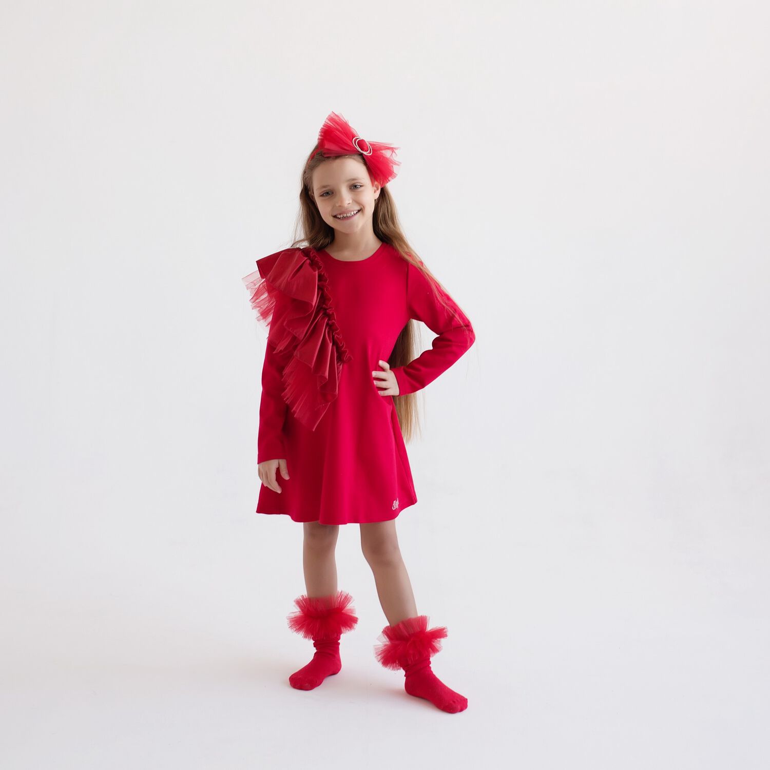 Girls Red Logo Ruffled Dress, 1, hi-res image number null