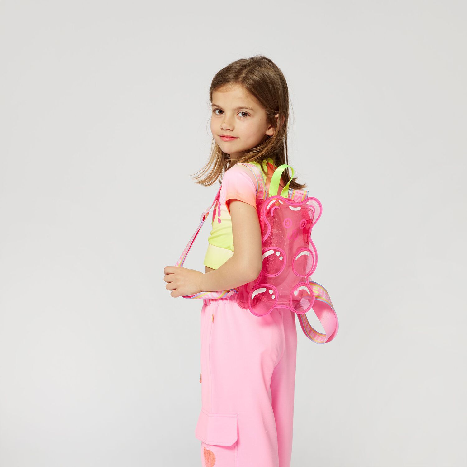 Girls Pink Teddy Bear Transparent Backpack, 1, hi-res