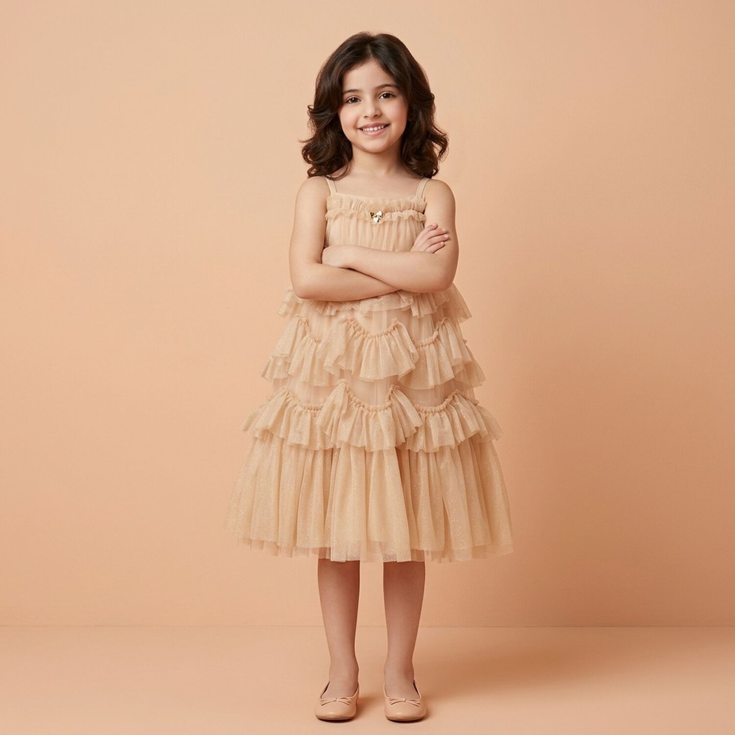 Girls Gold Ruffled Tulle Dress, 1, hi-res