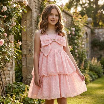 Girls Pink Bow Tiered Dress