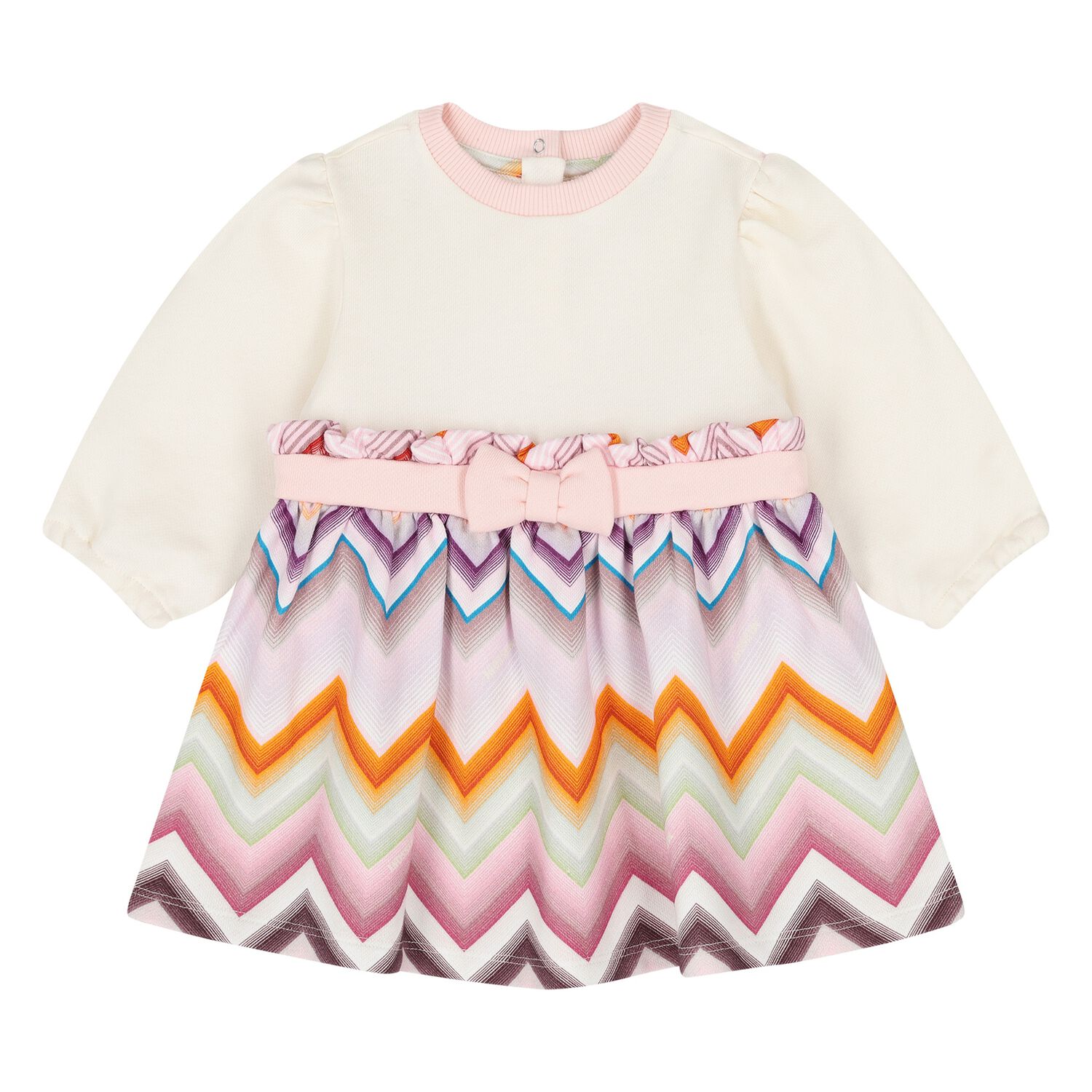 Younger Girls Ivory & Pink Zig Zag Dress, 1, hi-res