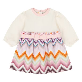 Younger Girls Ivory & Pink Zig Zag Dress