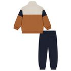 Boys Ivory, Beige & Navy Blue Tracksuit, 1, hi-res