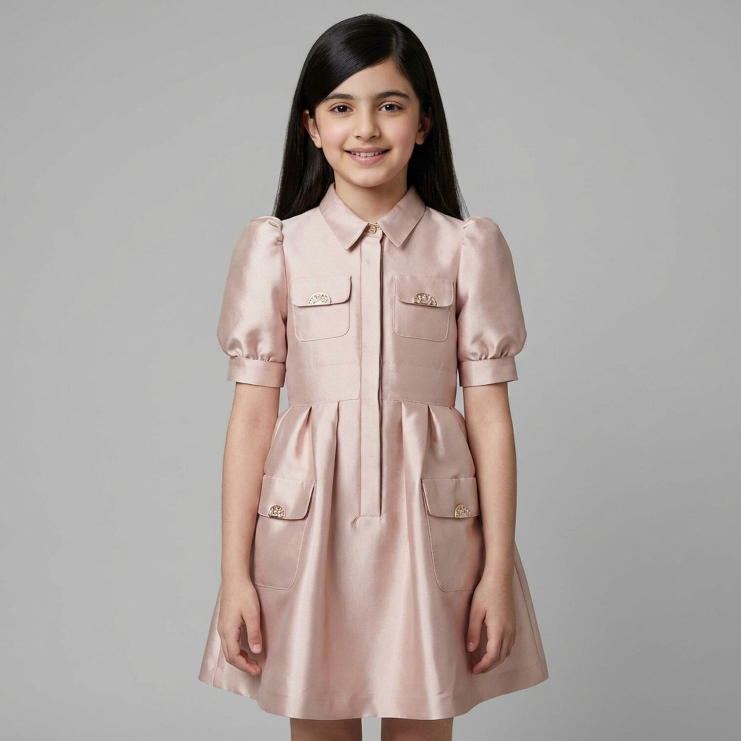 Girls Pink Satin Puff Sleeve Dress, 1, hi-res