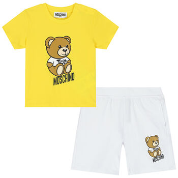 Yellow & White Teddy Bear Logo Shorts Set