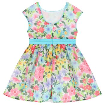 Girls White & Blue Floral Chiffon Dress