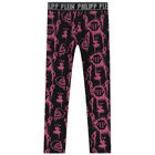 Girls Black & Pink Logo Embellished Leggings, 1, hi-res