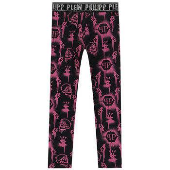 Girls Black & Pink Logo Embellished Leggings