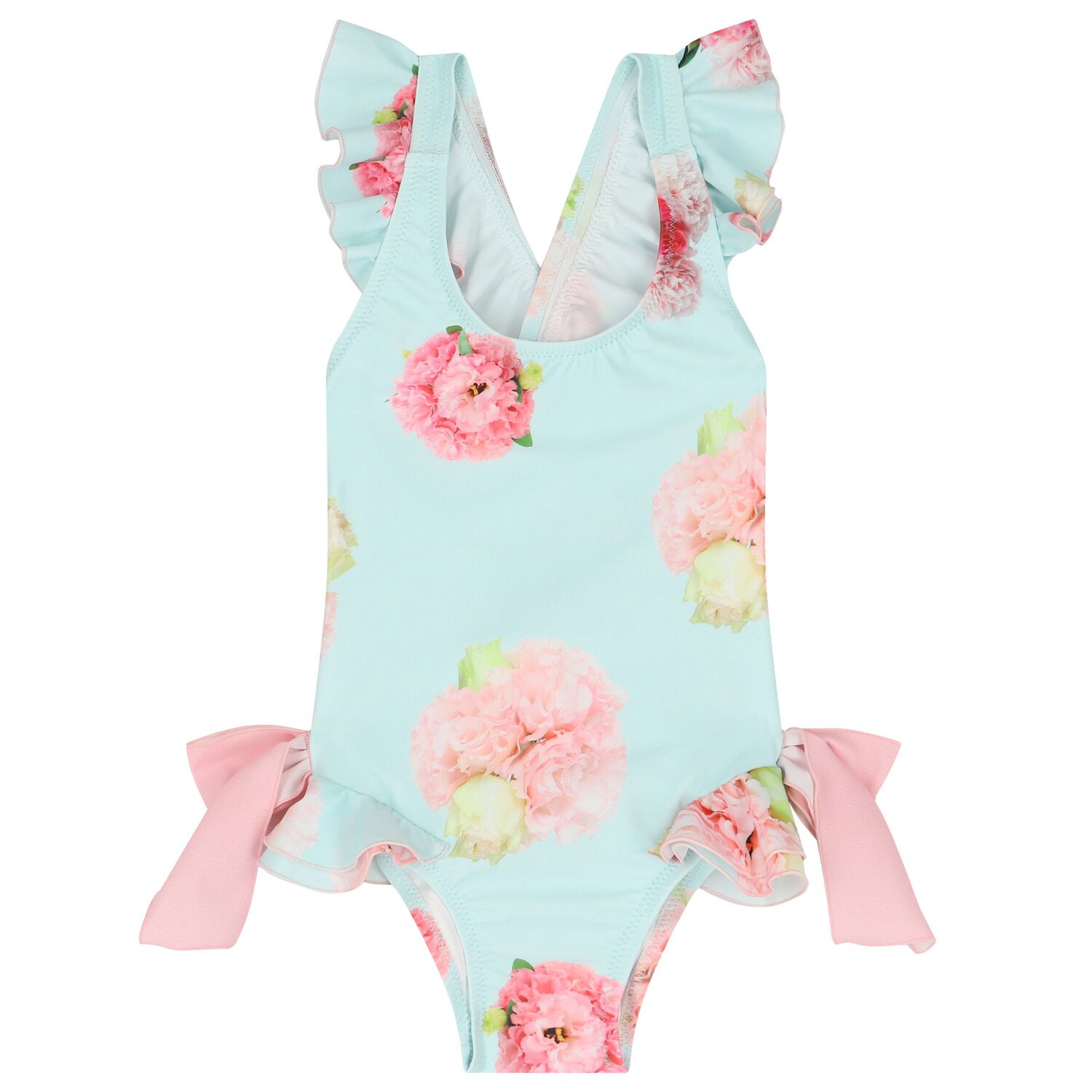 Girls Blue Floral Ruffled Swimsuit, 1, hi-res image number null